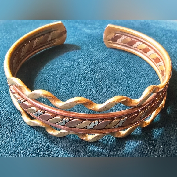Artisan Jewelry - Vintage Mixed Metal Cuff Bracelet Boho Southwestern Brass Copper Layered Artisan